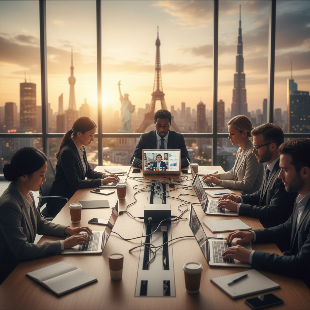 A diverse group of business professionals from different countries collaborating remotely on laptops and tablets, with global cityscapes in the background, realistic and vibrant.