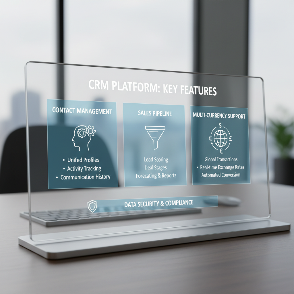 A detailed infographic showcasing key CRM features like contact management, sales pipeline, and multi-currency support, presented on a modern digital interface, clean and professional.