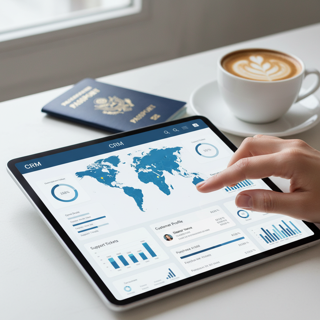 A close-up shot of a hand interacting with a CRM dashboard on a tablet, displaying customer data and analytics, with a cup of coffee and a passport in the background, photorealistic and well-lit.