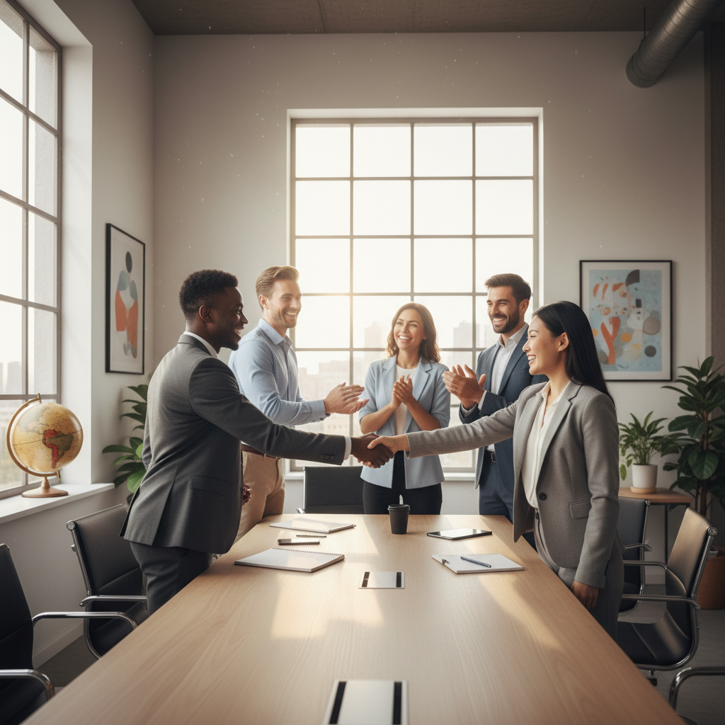 A diverse group of smiling expats shaking hands with a professional-looking immigration lawyer in a modern, bright office, photorealistic, cinematic lighting
