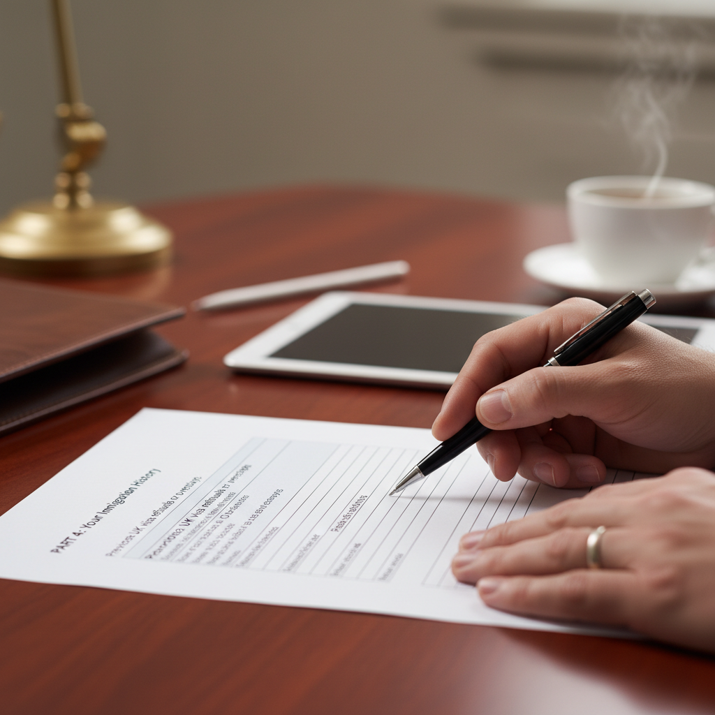 A close-up shot of an immigration lawyer's hands pointing at a specific paragraph on a UK visa application form, with a pen, in a professional setting, focus on documents, photorealistic