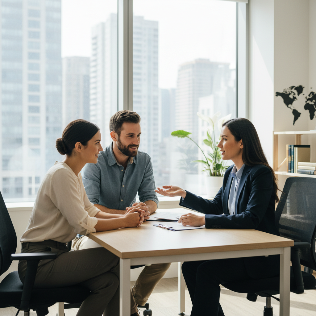 A legal professional confidently discussing with an expat couple in a bright, modern consultation room, showing mutual trust and understanding, photorealistic, natural light