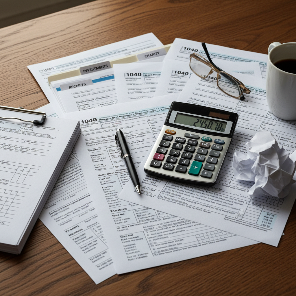 A detailed, close-up shot of various tax forms from the US (IRS Form 1040) and UK (Self Assessment tax return), scattered on a wooden desk with a calculator and a pen, emphasizing complexity but also the possibility of organization. Photorealistic, high-resolution.