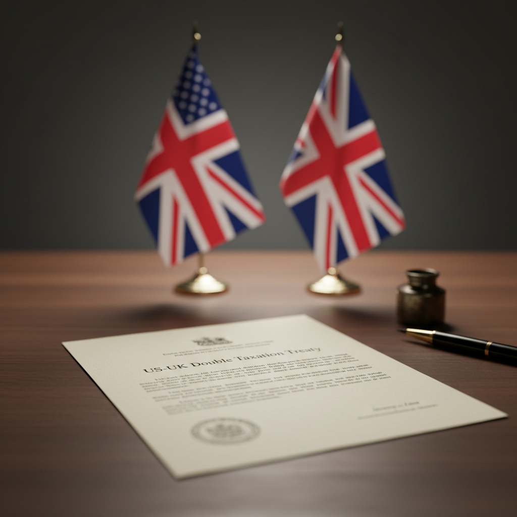 A clean, minimalist shot of an official-looking document titled 'US-UK Double Taxation Treaty' on a polished wooden table, with a subtle British flag and American flag in the background, out of focus. Photorealistic, professional.
