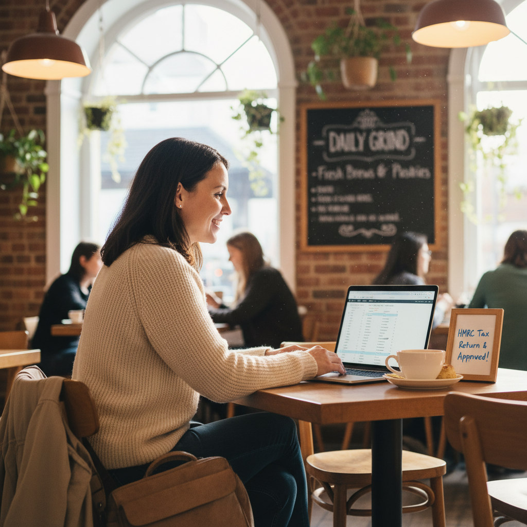 A smiling, relaxed American expat woman in her 30s, casually dressed, sitting in a stylish UK coffee shop, confidently looking at her laptop screen, with a cup of tea beside her. The setting is modern and bright, conveying peace of mind after handling her tax affairs. Photorealistic, cinematic lighting.