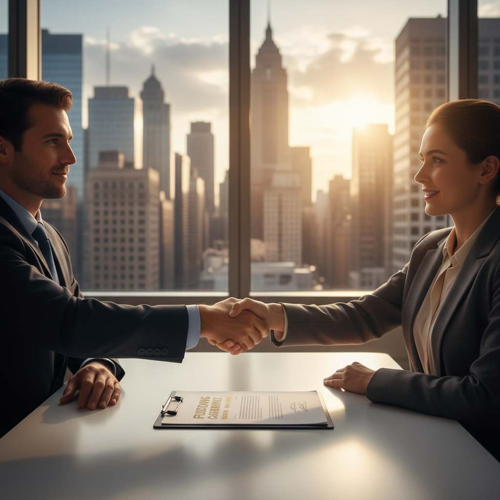 A professional handshake between two business people in a modern office setting, with a cityscape visible through the window, symbolizing a successful funding deal. Photorealistic, soft natural light.