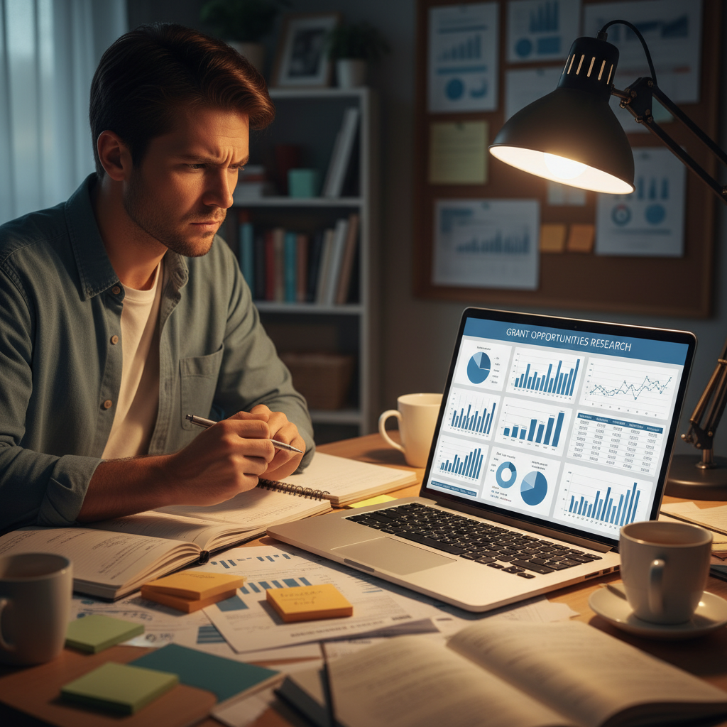 A person with an intense and focused expression, looking at a laptop screen that displays various charts and data visualizations, surrounded by scattered notes and a coffee cup, representing in-depth research into grant opportunities. Photorealistic, warm lighting.