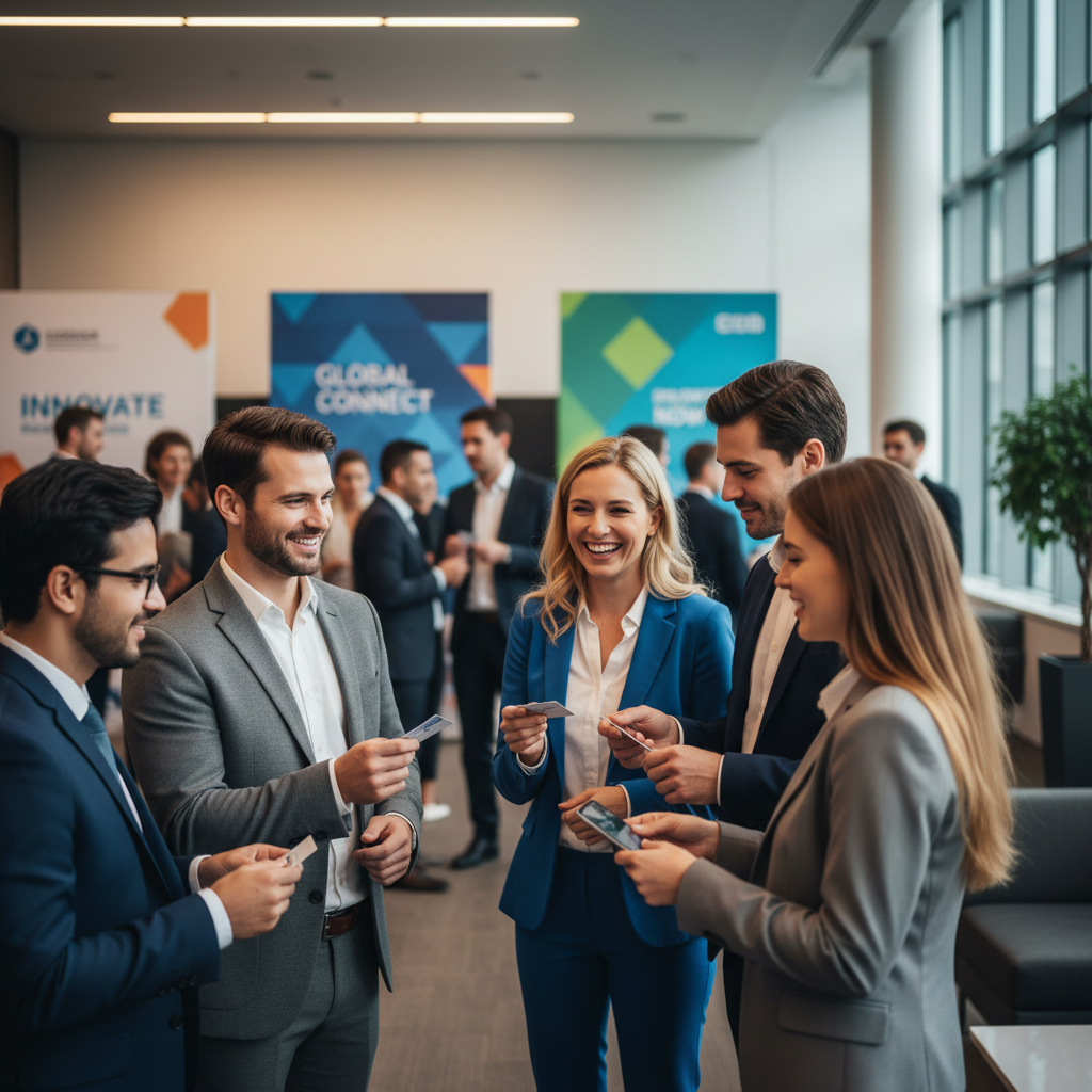 A vibrant business networking event with a diverse group of professionals chatting and exchanging business cards, in a modern, well-lit conference hall with branded backdrops. Photorealistic, soft focus on background, sharp focus on foreground interaction.
