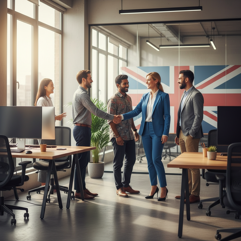 A diverse group of international entrepreneurs smiling and shaking hands in a modern, light-filled UK office, with a subtle British flag in the background, photorealistic, cinematic lighting