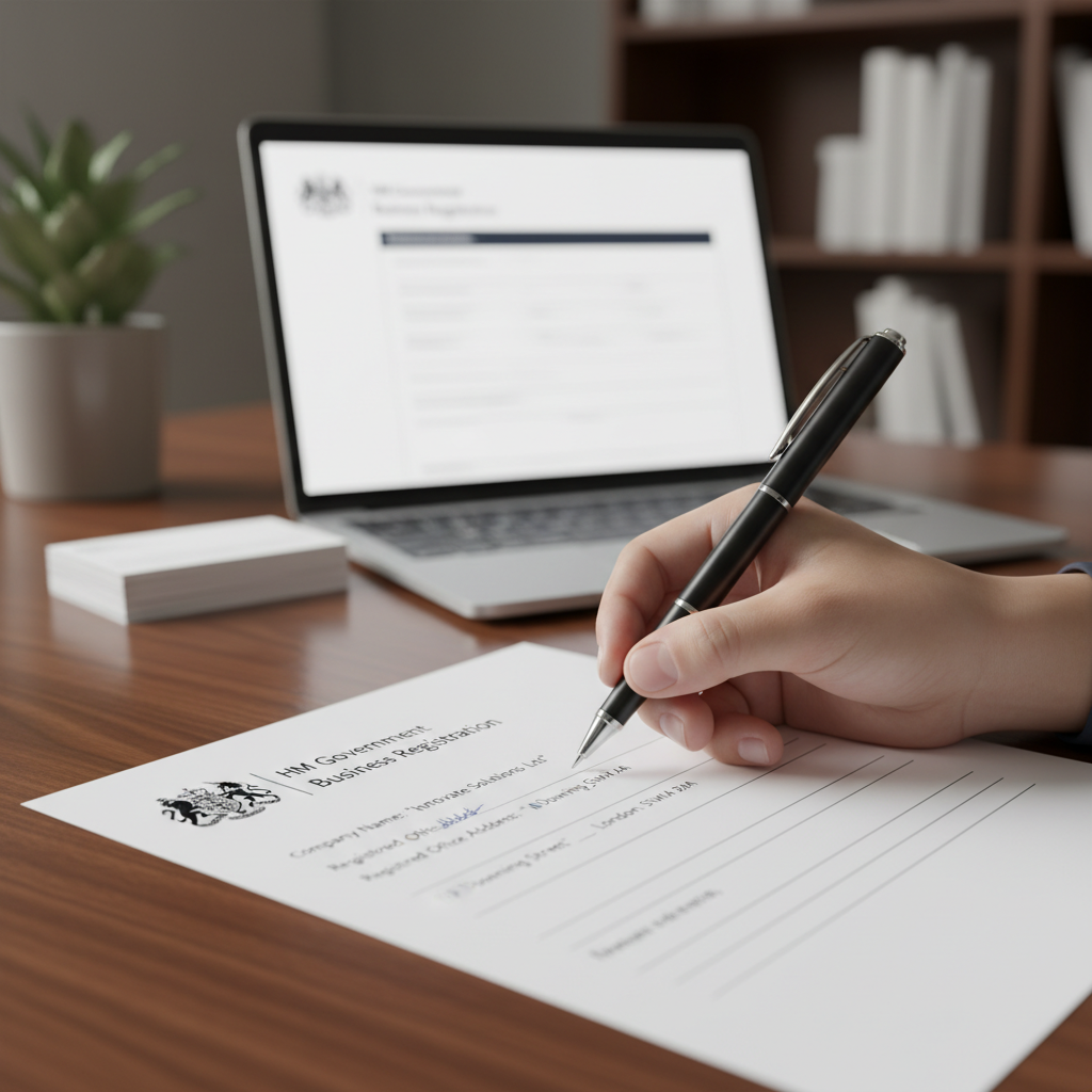 A close-up shot of a hand filling out official UK government business registration forms, with a pen and a laptop in the background, professional setting, crisp detail
