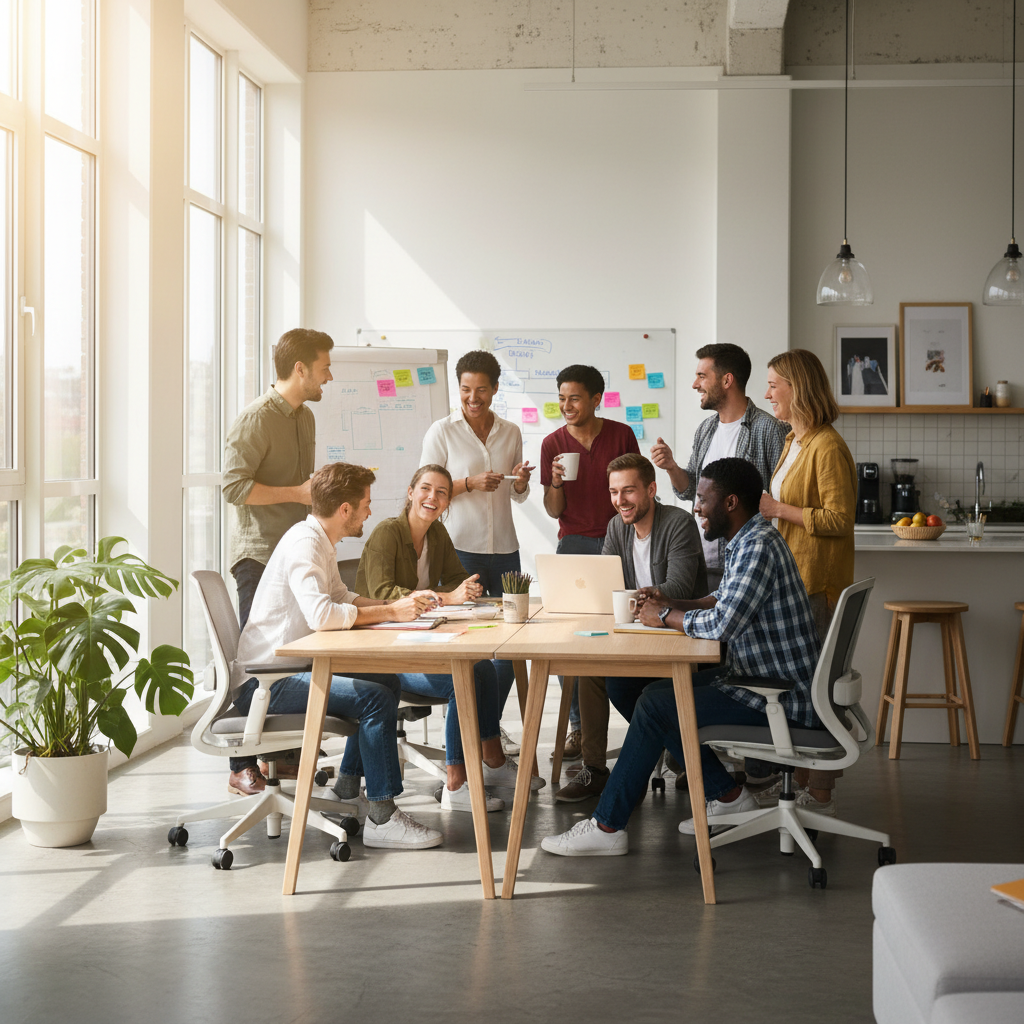 A diverse team of employees working collaboratively in a modern, open-plan office, looking happy and productive, representing healthy workplace culture, natural light, candid shot