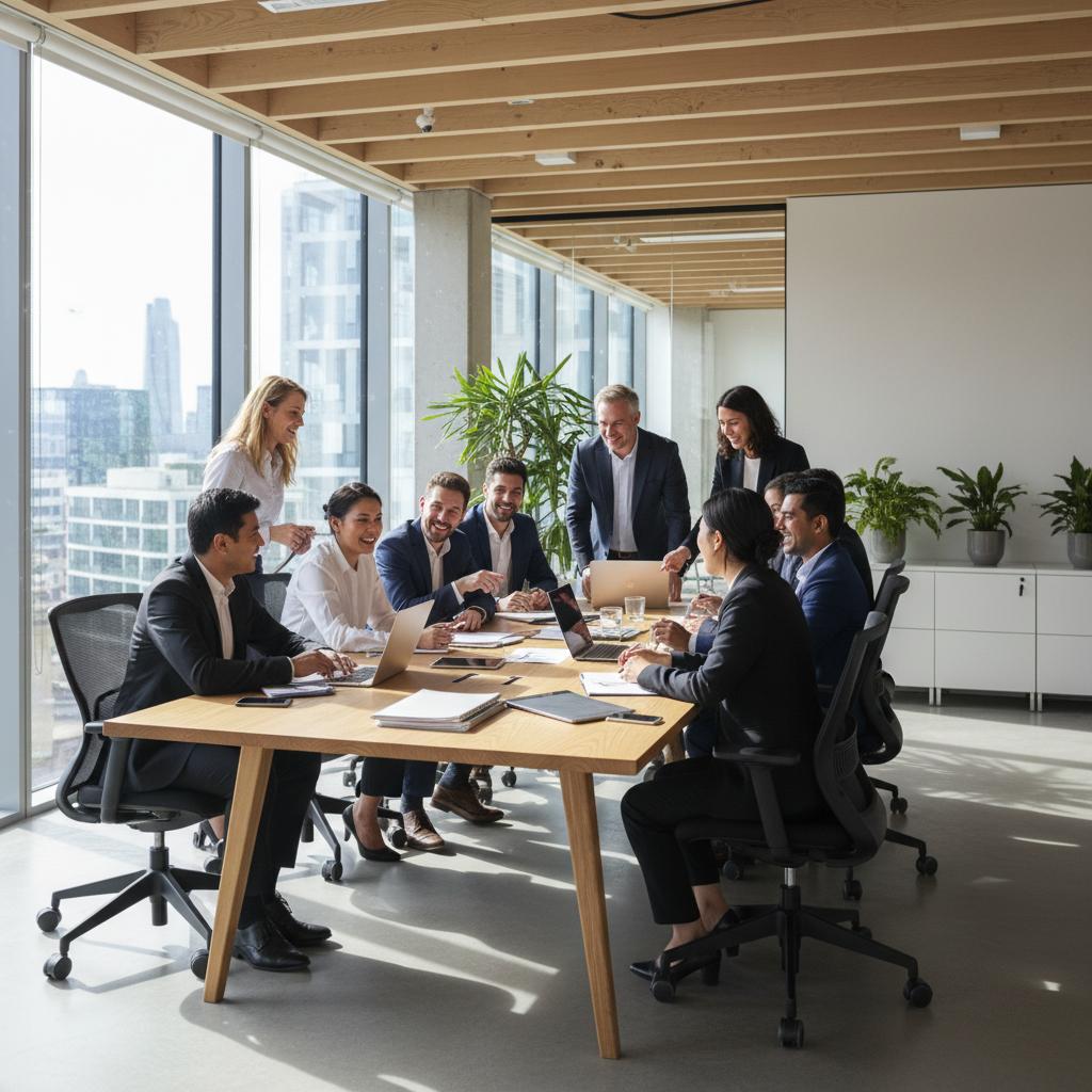 A diverse group of business professionals in a modern UK office setting, collaborating cheerfully around a large table, with laptops and documents, natural light streaming in.