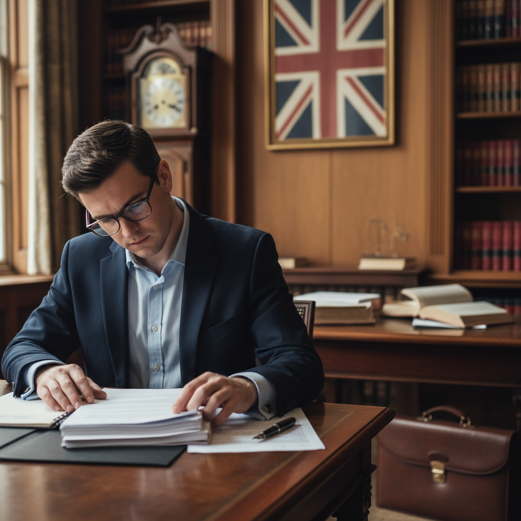A person meticulously reviewing legal documents on a desk with a subtle UK flag in the background, a pen and glasses placed neatly, focusing on details in a formal setting.