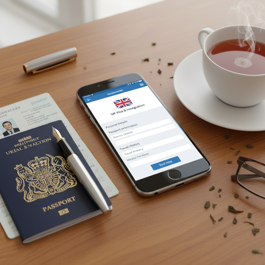 A smartphone displaying an online application form with the UK visa logo, next to a British passport, a fountain pen, and a cup of tea on a wooden desk, symbolizing digital application ease.