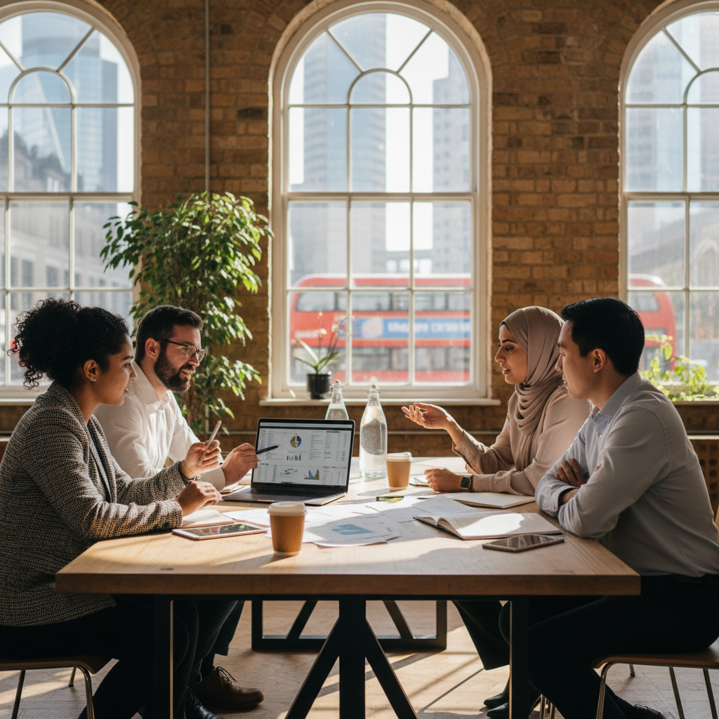 A diverse group of expat business owners from different countries collaborating in a modern, sunlit co-working space in London, discussing financial documents on a laptop, photorealistic, 4k.
