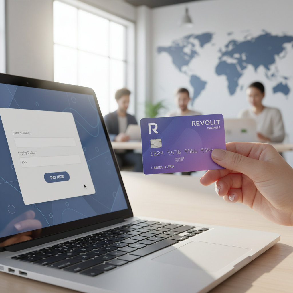 A close-up shot of a hand holding a Revolut Business card, making an online payment on a laptop, with a blurred background of a modern office and a world map, natural light, high detail.
