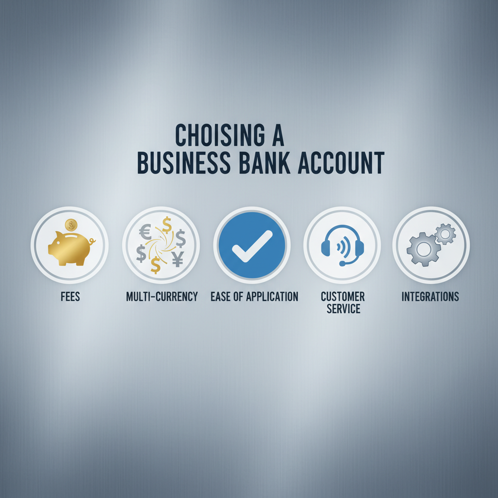 A stylized infographic showing various icons representing different factors for choosing a business bank account: a piggy bank for fees, currency symbols for multi-currency, a checkmark for ease of application, a headset for customer service, and gears for integrations, clean and modern design.