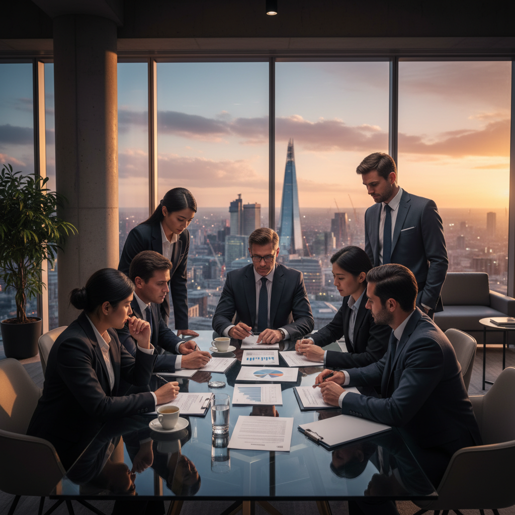 A diverse group of expat professionals looking thoughtfully at financial documents, with a modern UK cityscape visible through a large window in the background, early evening light, photorealistic.