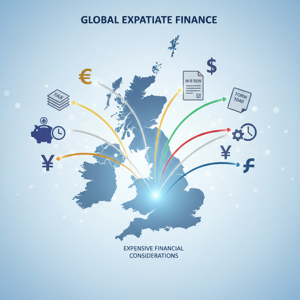An infographic showing various global currencies, tax forms, and pension symbols converging towards a UK map outline, representing complex expat financial considerations, clean and professional design, photorealistic.
