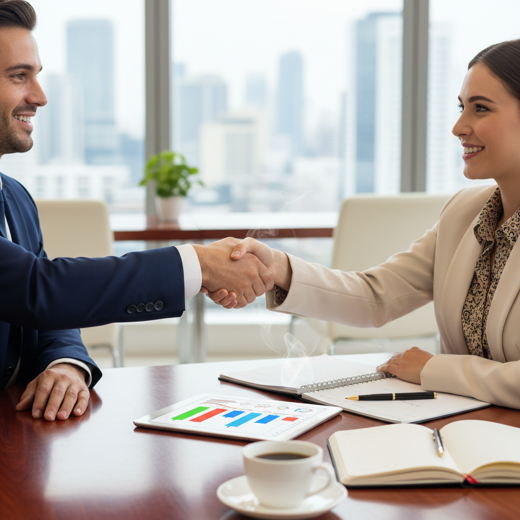 A professional, warm handshake between a male expat client and a female financial advisor over a desk displaying a tablet with financial charts and a cup of coffee, signifying trust and successful collaboration, bright office setting, photorealistic.