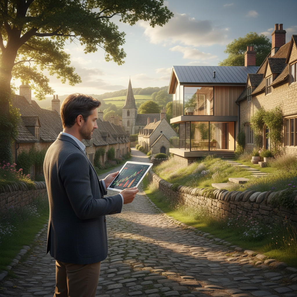 A person thoughtfully looking at a modern house in a picturesque English village, holding a tablet showing financial charts, photorealistic, warm sunlight.
