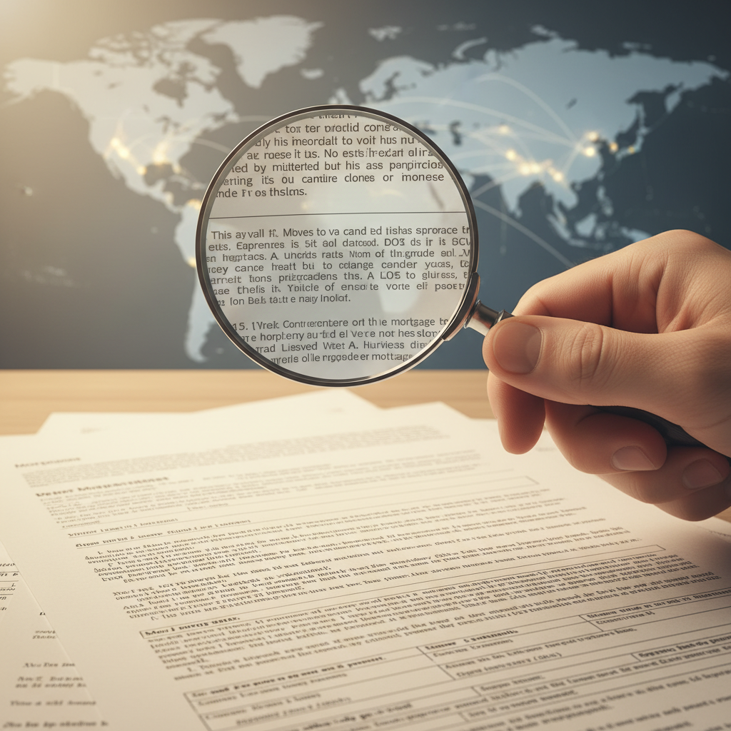 A hand holding a magnifying glass over complex mortgage documents, with a world map faintly visible in the background, symbolizing international finance and global property, photorealistic, soft lighting.