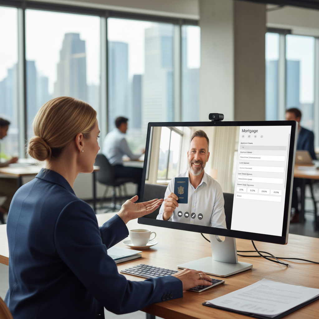 A professional financial advisor in a modern office explaining mortgage options to an expat client via video call, showing a clear computer screen with a mortgage application form, photorealistic, bright and clear.