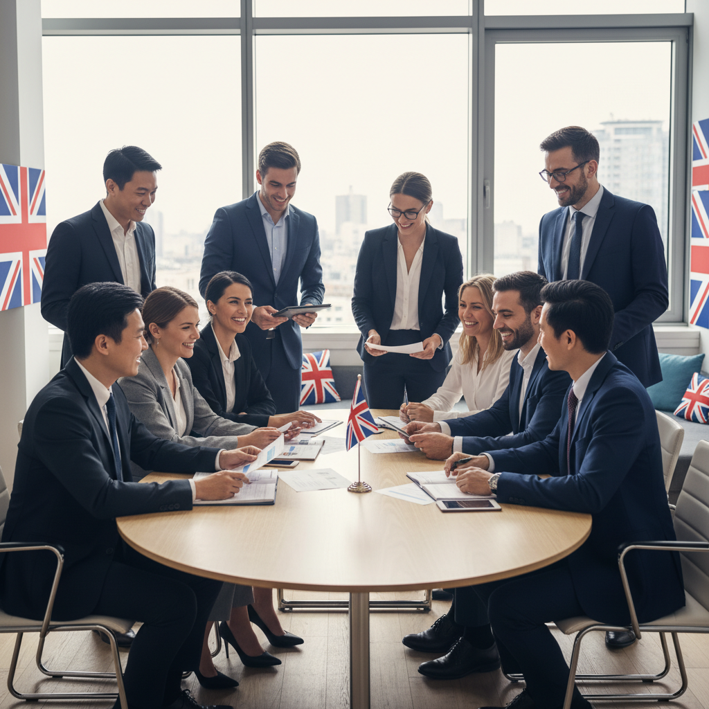 A diverse group of professional individuals, smiling and discussing documents around a modern conference table, representing expats from different backgrounds, with subtle UK flag elements in the background. Photorealistic, natural light.
