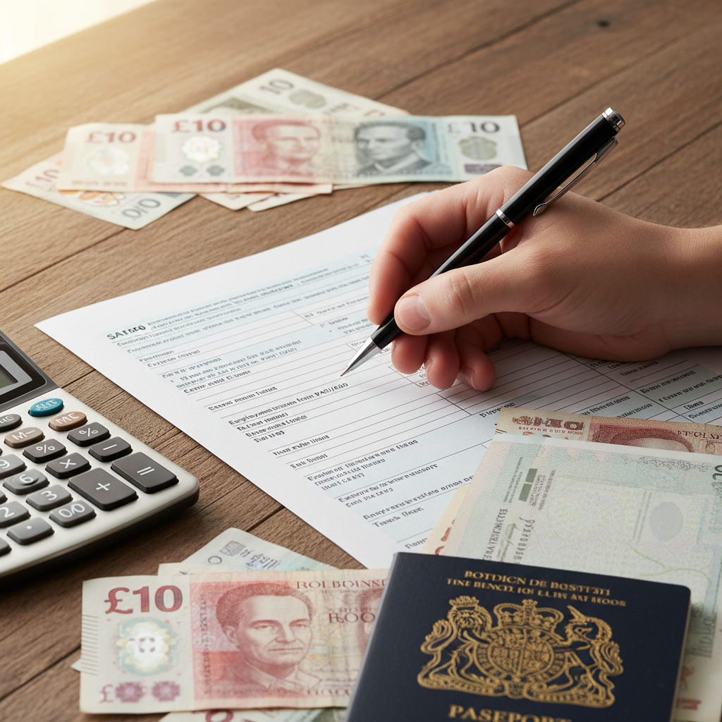 A detailed close-up shot of a tax form being filled out, with a hand holding a pen pointing to a specific section, surrounded by scattered currency notes (GBP), a calculator, and a passport, on a wooden desk. High detail, realistic lighting.