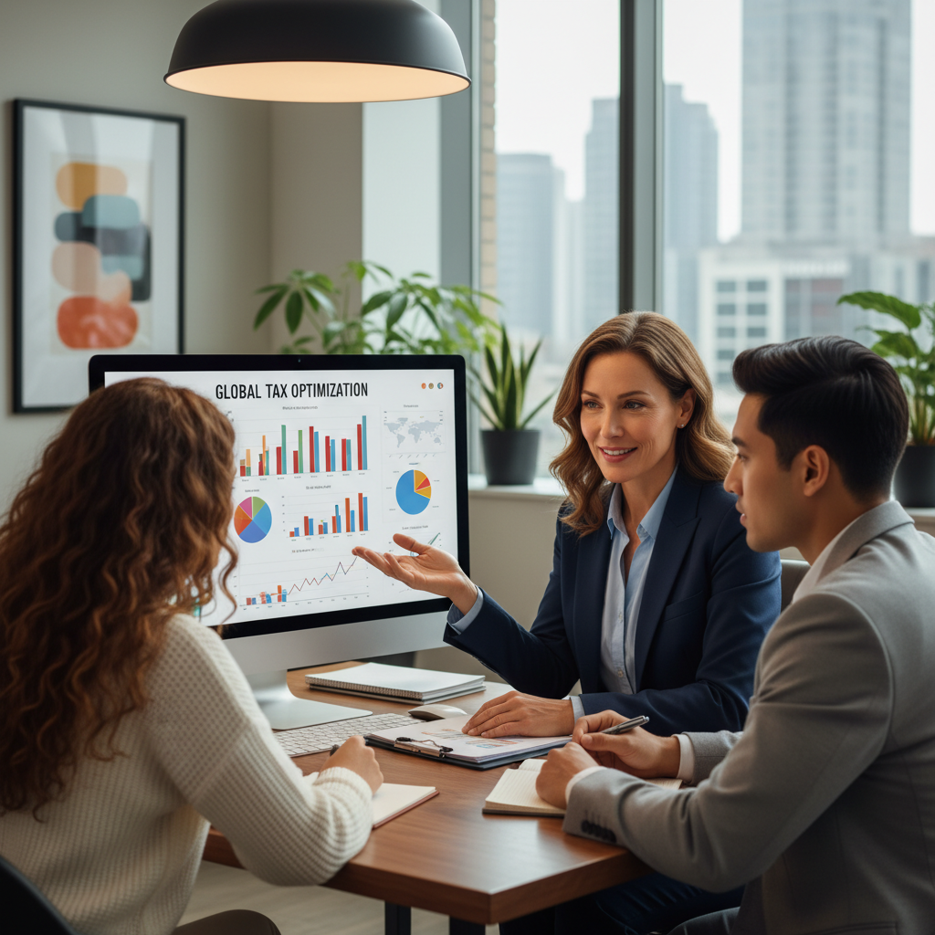 A knowledgeable financial advisor in a modern office setting, explaining complex tax concepts to a young expat couple, with a computer screen showing charts and graphs in the background. Professional, warm lighting, focused expressions.