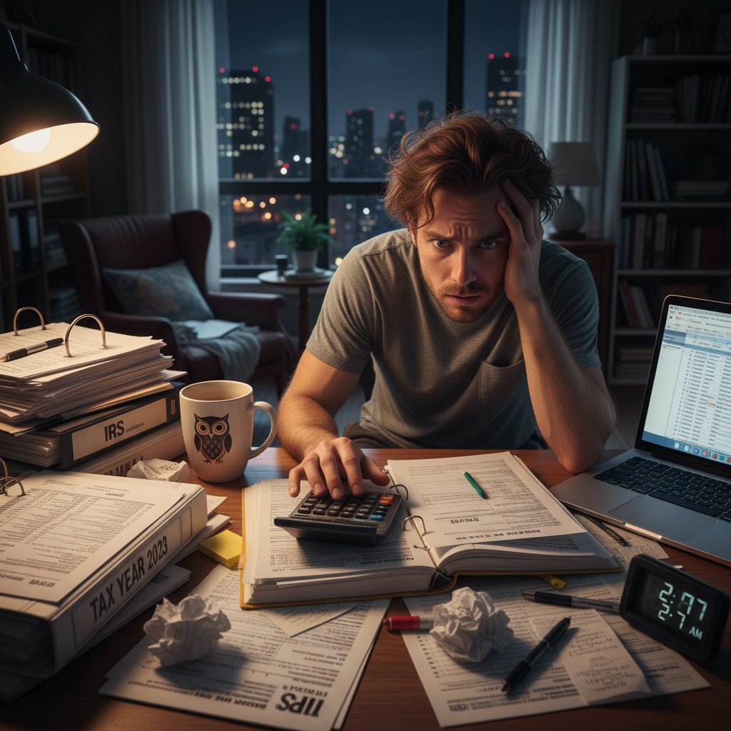 A person looking stressed while reviewing complex tax documents with a calculator and coffee on a desk, late at night, highly detailed, photorealistic, indoor lighting.