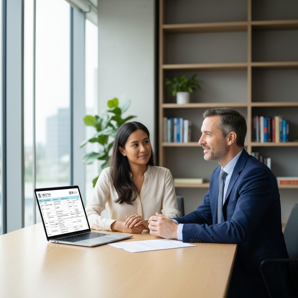 A professional UK accountant, a man in his 40s, having a calm and reassuring conversation with an expat client, a diverse woman in her 30s, in a modern, well-lit office, with a laptop open showing tax forms, natural light, photorealistic.