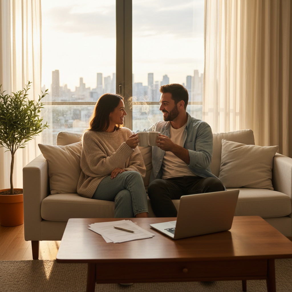 A happy expat couple looking relaxed and smiling, enjoying a cup of tea in a bright, modern living room, with a laptop closed nearby, symbolising peace of mind after sorting out their finances, photorealistic, warm lighting.