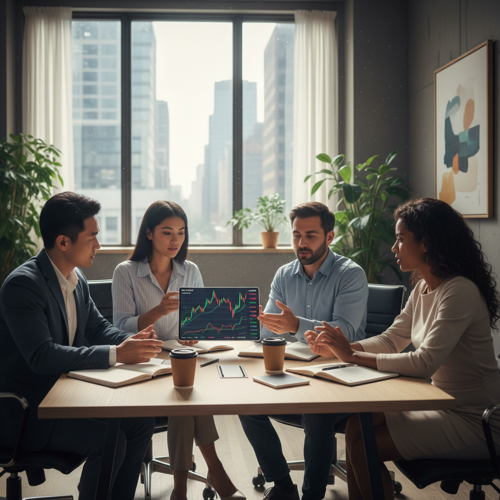 A diverse group of expat professionals (male and female, various ethnicities) in a modern, bright office discussing investment strategies, with a digital tablet displaying stock market data. Photorealistic, high detail.