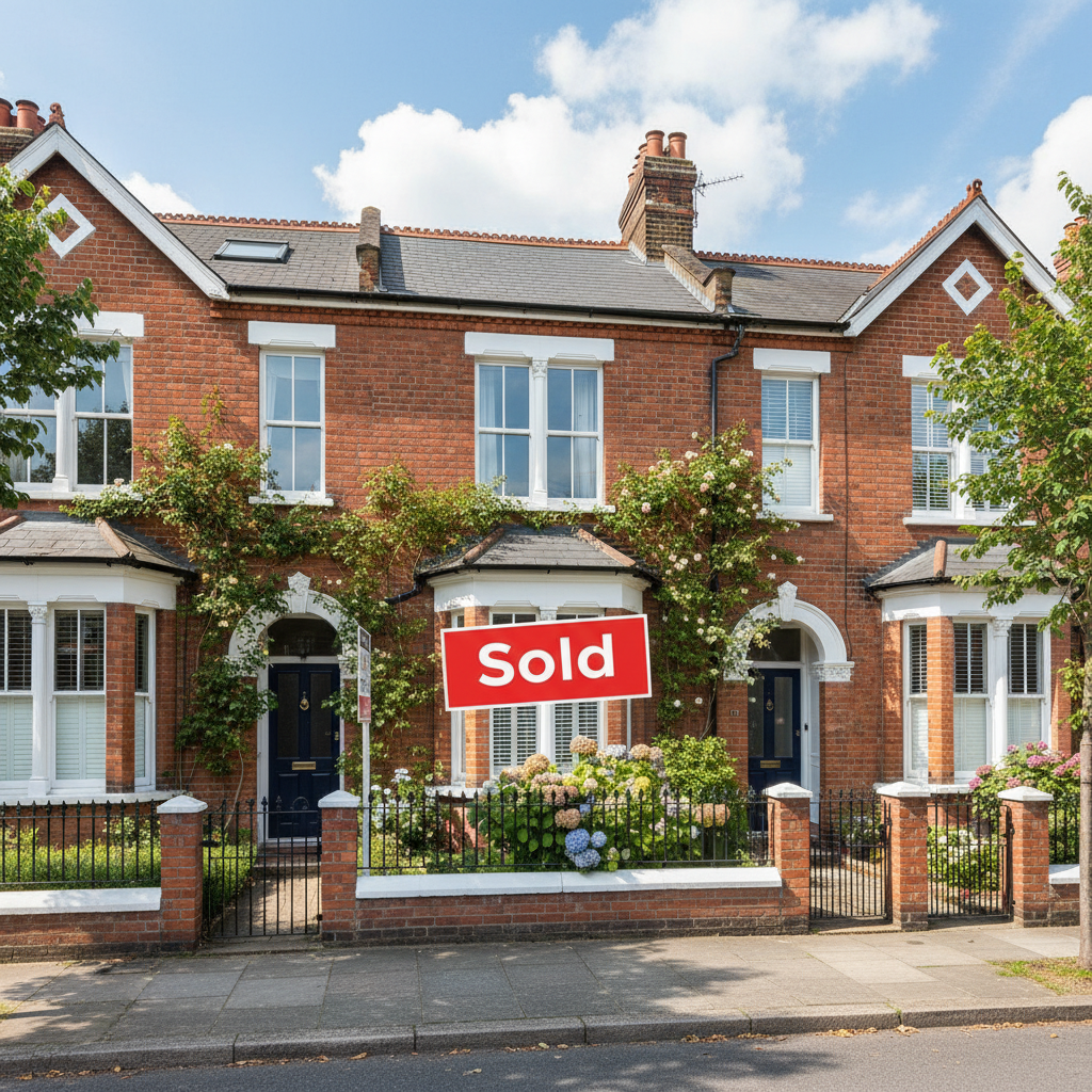 A vibrant, photorealistic depiction of a modern UK terraced house with a 'For Sale' sign that has 'Sold' overlaid, surrounded by green foliage, under a blue sky. Focus on architectural detail.