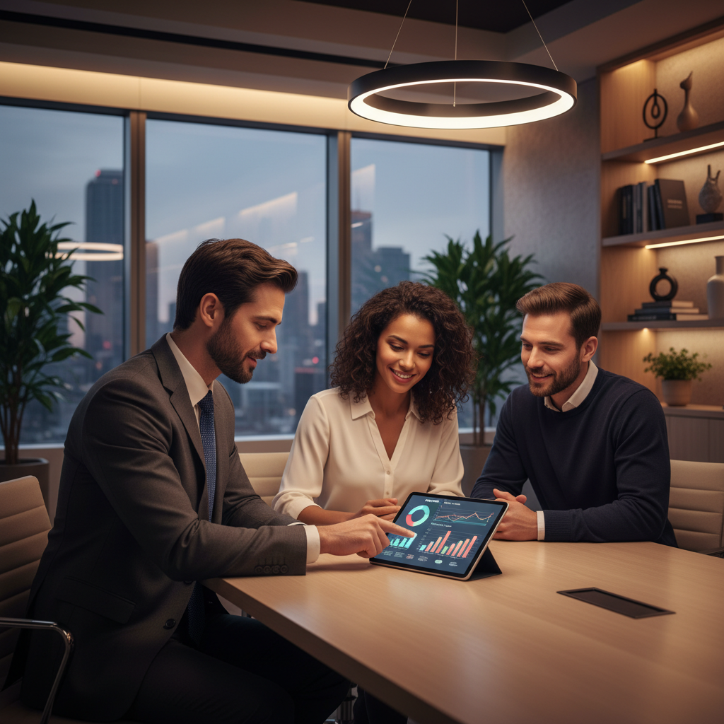 A professional financial advisor in a suit explaining investment charts on a tablet to a diverse expat couple, with a modern, clean office background. Photorealistic, warm lighting.