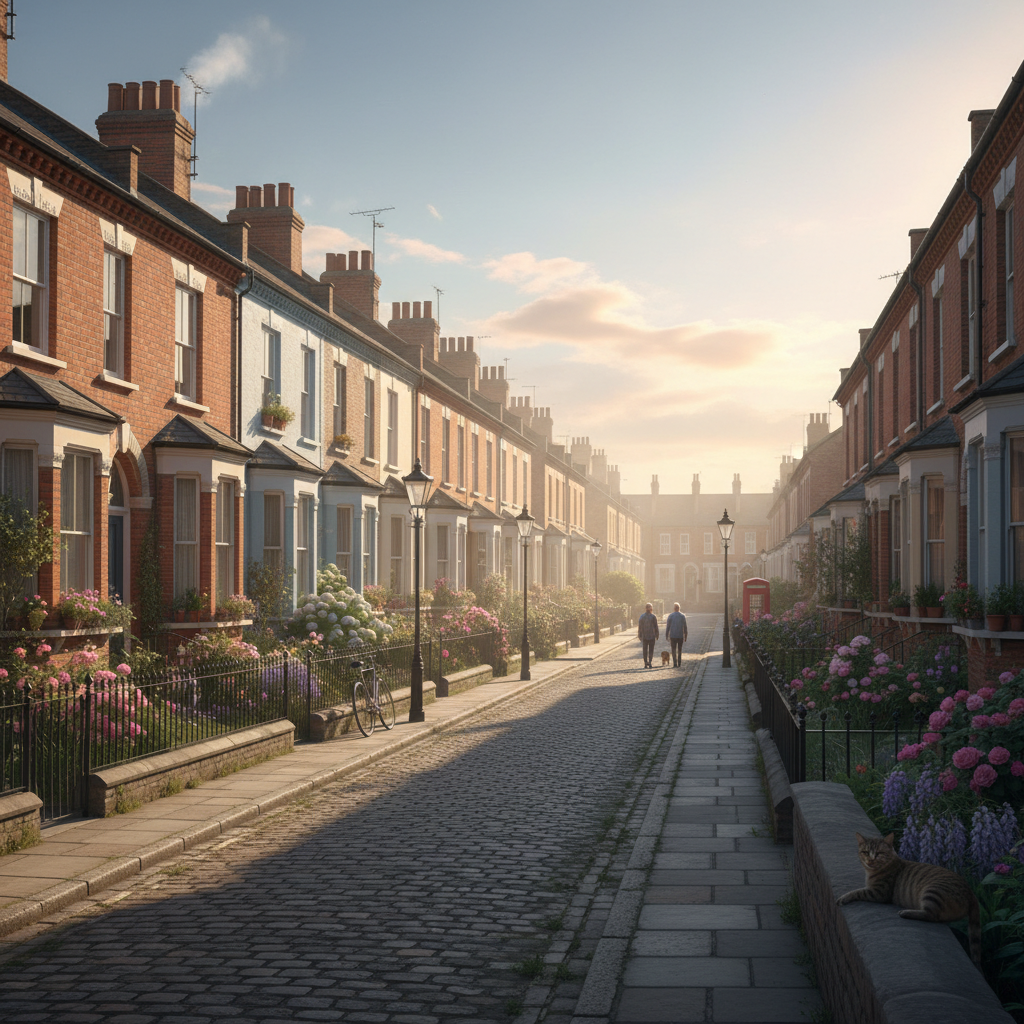 A wide shot of a classic British street with terraced houses, bathed in warm sunlight, calm and inviting atmosphere, photorealistic