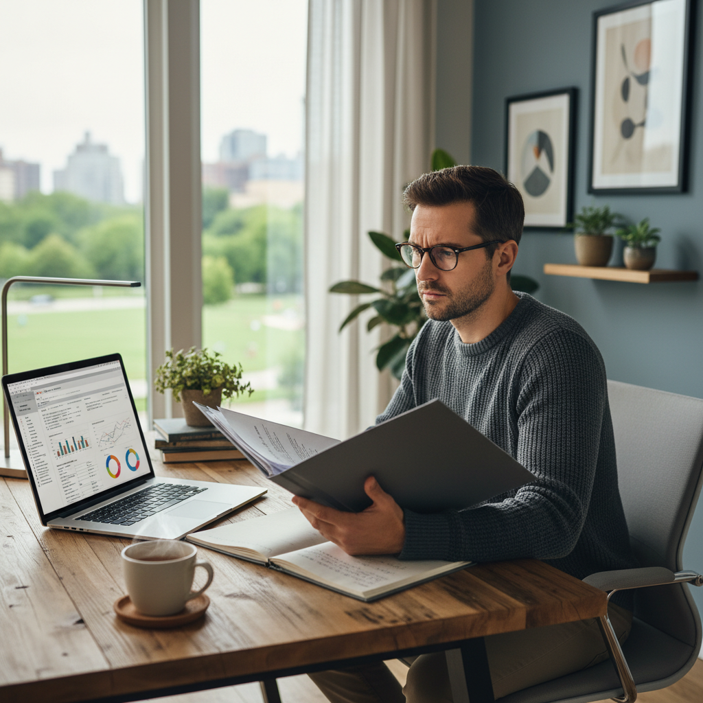 A person sitting at a desk, looking at documents and a laptop, appearing thoughtful and diligent, with a cup of tea, modern home office, photorealistic
