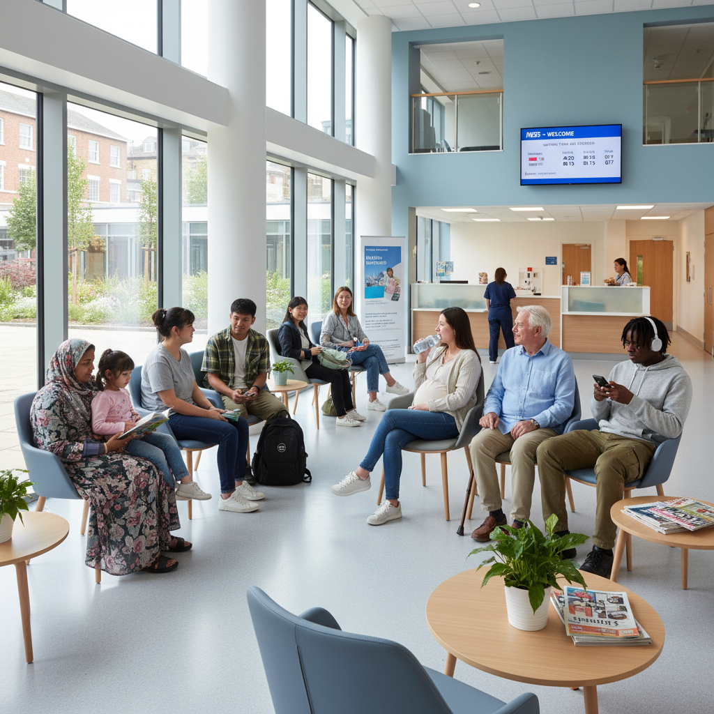 A modern, diverse group of people waiting patiently in a clean, brightly lit hospital waiting room in the UK, photorealistic, calm atmosphere