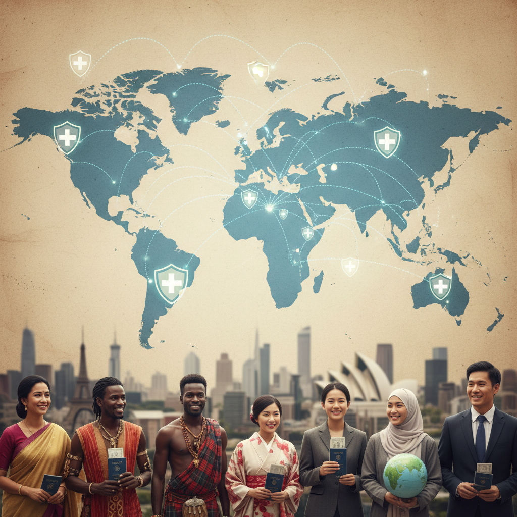 A world map overlaid with health insurance symbols and dotted lines indicating travel, surrounded by diverse people of different nationalities, photorealistic, global health concept