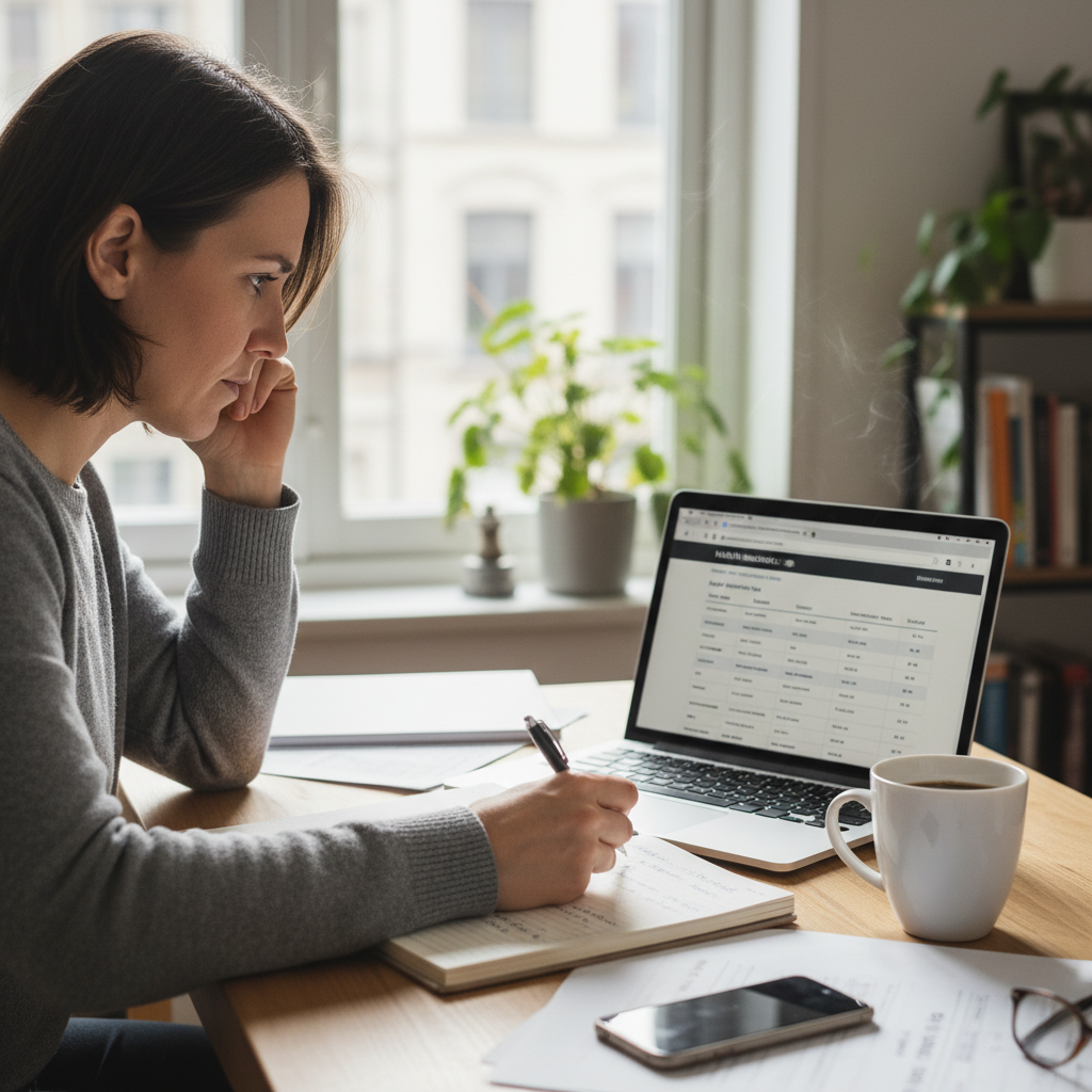 A person sitting at a desk comparing health insurance plans on a laptop with a pen and notebook, a cup of coffee nearby, natural light, focused and thoughtful, photorealistic