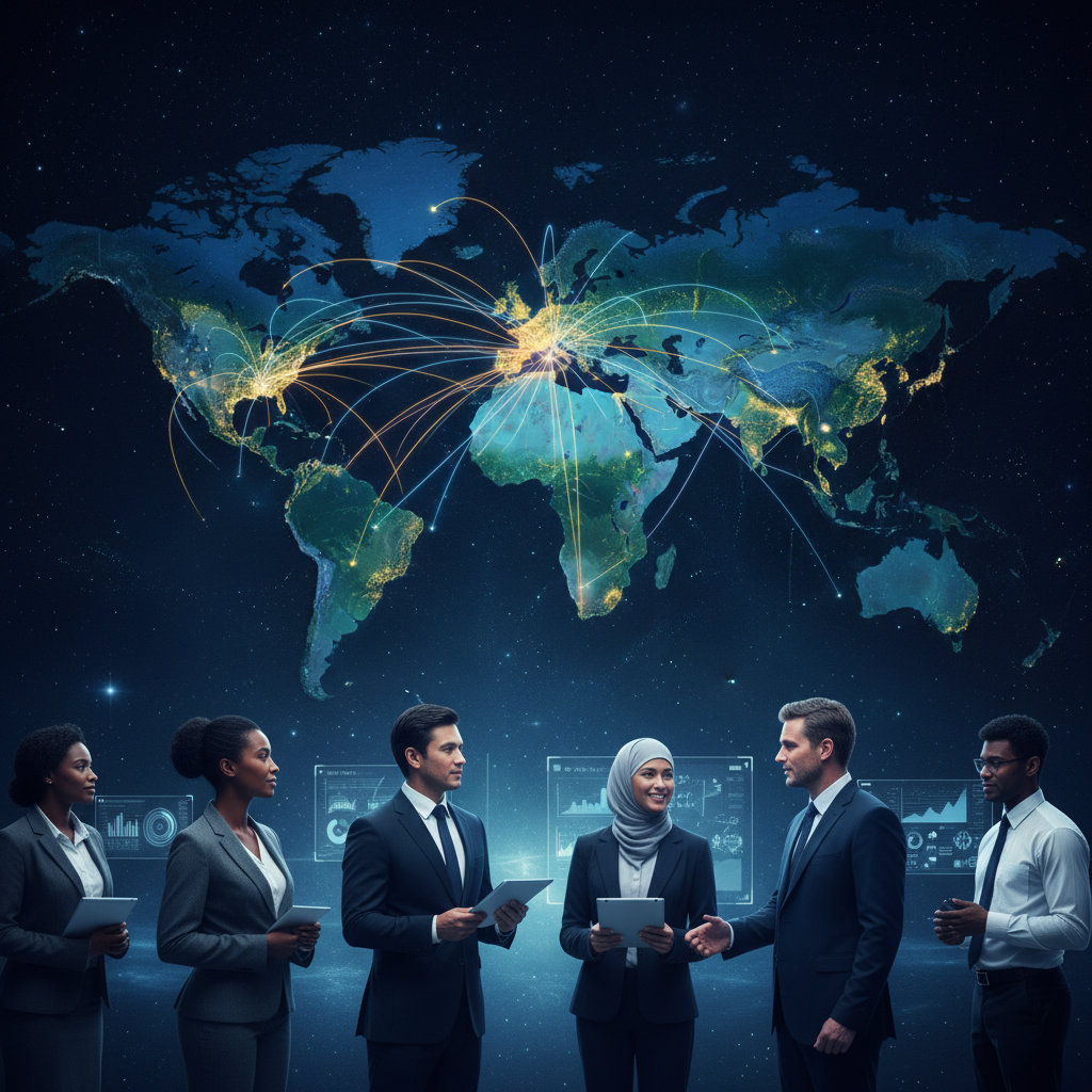 A vibrant, photorealistic world map with numerous interconnected glowing lines originating from the United Kingdom, symbolizing global business connections and trade routes. The UK is subtly highlighted, and diverse professional figures are seen in the foreground, representing international entrepreneurs.