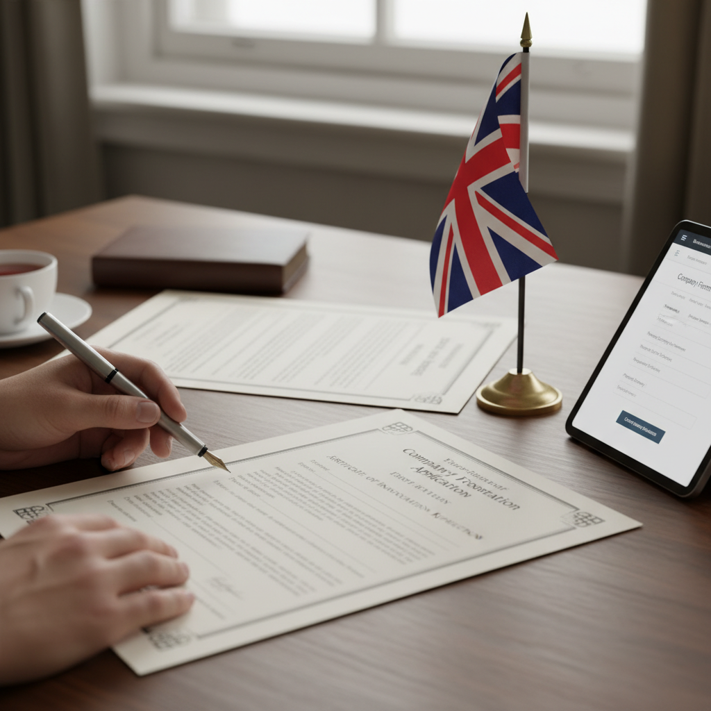 A close-up, photorealistic shot of hands filling out official company formation documents on a polished desk. A small Union Jack flag is subtly placed in the background, alongside a digital tablet displaying a company registration website.