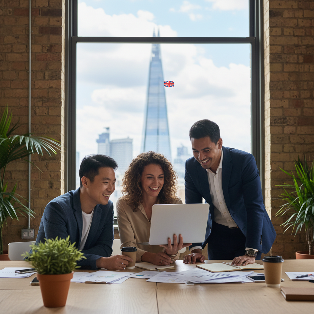 A diverse group of three entrepreneurs, one female and two male, engaging in a relaxed yet professional discussion, smiling and looking at a laptop screen in a modern, well-lit co-working space. A subtle UK flag or London landmark is visible through a window in the background, photorealistic.